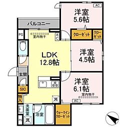 ドムスクレスト中町 2階3LDKの間取り