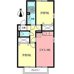 フォンティーヌII 2階2DKの間取り