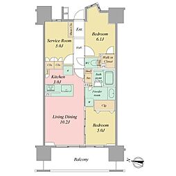 レーベンリヴァーレ町田ルージアタワー 5階2LDKの間取り