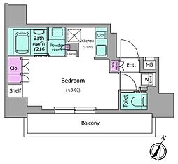 ブラウ門前仲町 13階ワンルームの間取り