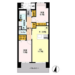ロイヤルパークス若葉台1 11階2LDKの間取り