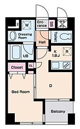 プレジールS 2階1DKの間取り