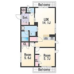 ベレオ黒田ＳＯＵＴＨ 3階2LDKの間取り
