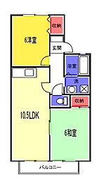 セジュール赤井Ｄ棟 2階2LDKの間取り