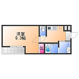 フジパレス上野芝III番館 2階1Kの間取り