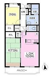 ヴィラ・クレスト旭が丘 3階2LDKの間取り