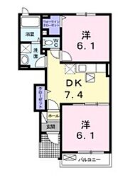 フラン　クレールII 1階2DKの間取り