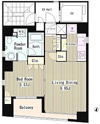 コートラクリア日本橋 9階1LDKの間取り