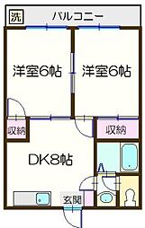 栗原マンション湖畔 3階2DKの間取り