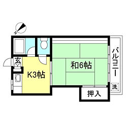 ヤクシンコーポＢ棟 2階1Kの間取り