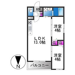 東大阪市吉田6丁目アパート 2LDKの間取図画像