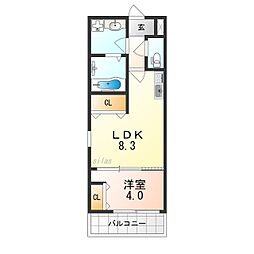 セジュール堺東 2階1LDKの間取り