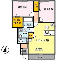 D-room秋月　B棟 1階2LDKの間取り