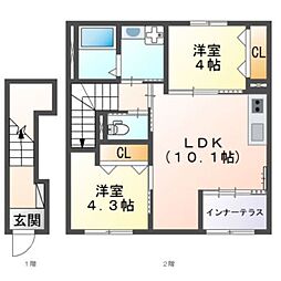 阪急神戸本線 岡本駅 徒歩21分の賃貸アパート 2階2LDKの間取り