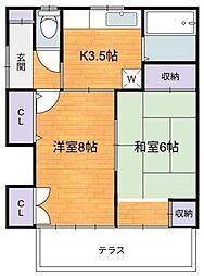 第3安田荘 1階2Kの間取り
