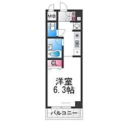シュプレーム堺 2階1Kの間取り