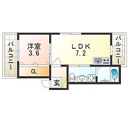 神戸市西神・山手線 大倉山駅 徒歩5分の賃貸アパート 2階1LDKの間取り