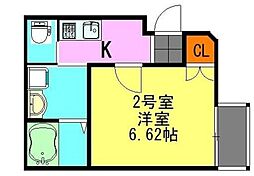 カーサ花咲 2階1Kの間取り