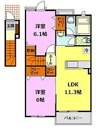 レイワタウン 2階2LDKの間取り