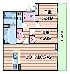 エイティー千里山田 3階2LDKの間取り