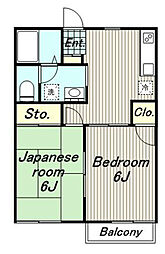 サンクリード高幡 1階2DKの間取り