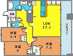 ライオンズタワー神戸旧居留地 25階3LDKの間取り