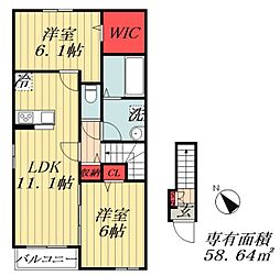 JR武蔵野線 市川大野駅 徒歩27分の賃貸アパート 2階2LDKの間取り