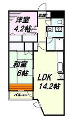 JR中央線 八王子駅 徒歩10分の賃貸マンション 4階2LDKの間取り