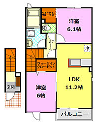 関東鉄道常総線 黒子駅 5.3kmの賃貸アパート 2階2LDKの間取り