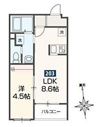 ＭＥＬＤＩＡ鷹の台 2階1LDKの間取り