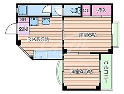 Osaka Metro谷町線 都島駅 徒歩10分の賃貸マンション 5階2DKの間取り
