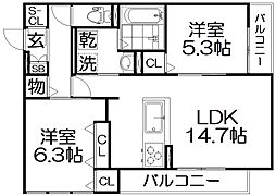 フィエルテ（Fierte） 3階2LDKの間取り