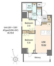 Alivis十条 11階2LDKの間取り