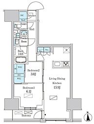 パークアクシス品川天王洲アイル 6階2LDKの間取り