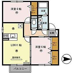 カーザ・エフリール　A棟 2階2LDKの間取り