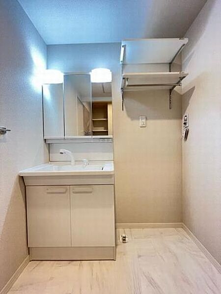 画像10:【サニタリー】 シャワー水栓で洗髪できるシャンプードレッサーです。横は洗濯機置き場となります。壁面には便利な高さ調節のできる収納棚もございます。