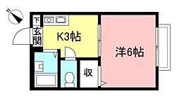 ラフィーネ船橋 2階1Kの間取り