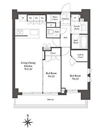 クレストコート白金高輪 10階2LDKの間取り