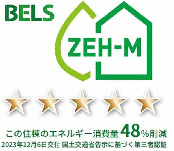 画像13:BELS（建築物省エネルギー性能表示制度）によるZEH-M評価取得建築物（一次エネルギー消費削減率48％、2023年12月6日交付）省エネルギー性能を実現したＺＥＨーＭ住宅となります。