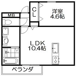 ウインドヒル御殿山 2階1LDKの間取り