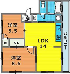 グリーンヒル山本通 3階2LDKの間取り