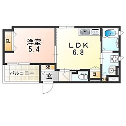 阪神なんば線 福駅 徒歩10分の賃貸アパート 1階1DKの間取り