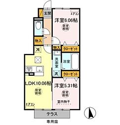 エオス パーラー影山 1階2LDKの間取り