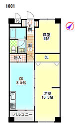 夢野ハイタウン1号館 2LDKの間取図画像