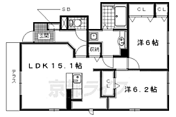 近鉄京都線 新田辺駅 徒歩9分の賃貸アパート 1階2LDKの間取り
