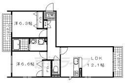 京都地下鉄東西線 小野駅 徒歩13分の賃貸マンション 3階2LDKの間取り