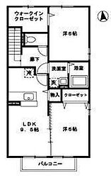 プレジオ南恒久 2階2DKの間取り