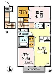 コンフォーレ鷹尾A・B棟 2階2LDKの間取り