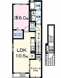 ハリーズコートＢ 2階1LDKの間取り