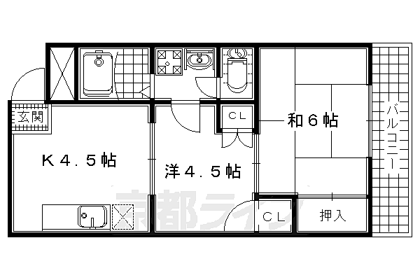 京都府八幡市男山吉井(賃貸マンション2DK・4階・45.00㎡)の写真 その2